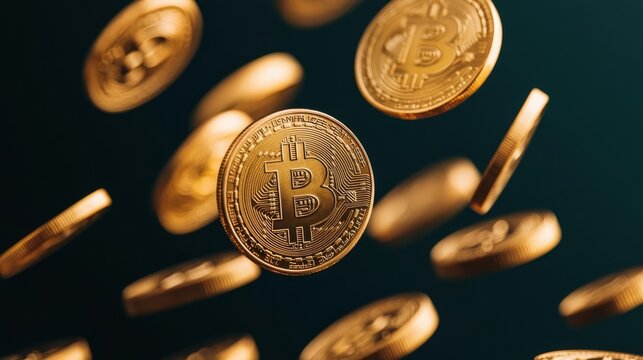 A collection of Bitcoin coins floating in the air, symbolizing the rise of cryptocurrency and digital finance innovation.