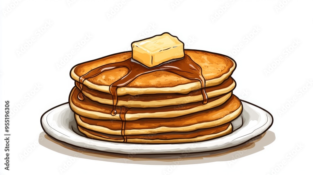 Poster A stack of fluffy pancakes topped with a pat of melting butter and drizzled with maple syrup, a delicious breakfast or brunch indulgence.