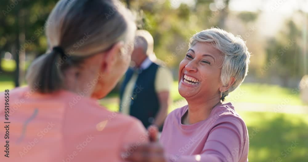 Canvas Prints Mature women, laugh and support for fitness, exercise and workout with wellness, retirement and joke. Happy, female people and together in outdoor park for aerobics class, yoga and pilates in bonding