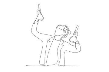 Researchers are happy that their chemical solution experiments were successful. Lab experiment concept one-line drawing