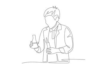 Researchers mix chemical solutions. Lab experiment concept one-line drawing