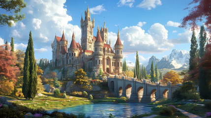 Grand and enchanting game art castle straight out of a fairy tale, complete with towering turrets, a drawbridge, and a sprawling garden. Castle. Illustration
