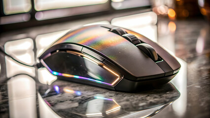 Gaming Mouse with Holographic Sensitivity Settings Concept in 3D - Futuristic Tech Design on White Background with Copy Space