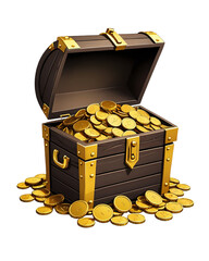 A wooden treasure chest with gold coins spilling out.