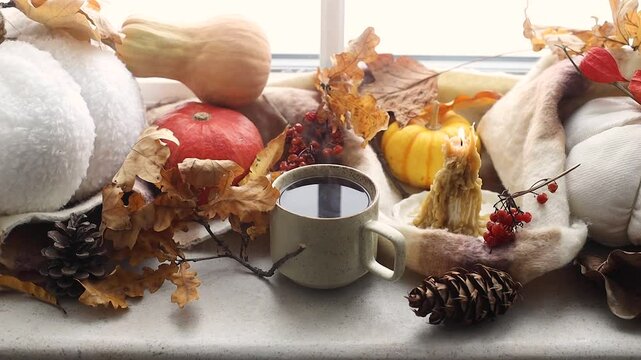 Cozy fall. Warm cup of tea and pumpkins, fall leaves and candle on windowsill. Autumn hygge footage. Happy Thanksgiving. Hello autumn.
