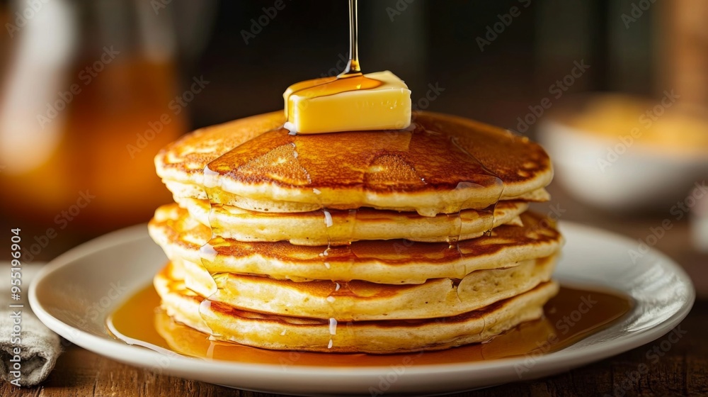 Poster A stack of fluffy pancakes topped with a pat of melting butter and drizzled with maple syrup, a delicious breakfast or brunch indulgence.