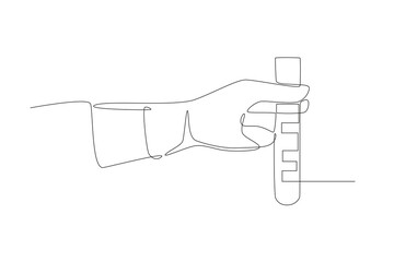 Hand holding experiment results in test tube. Lab experiment concept one-line drawing