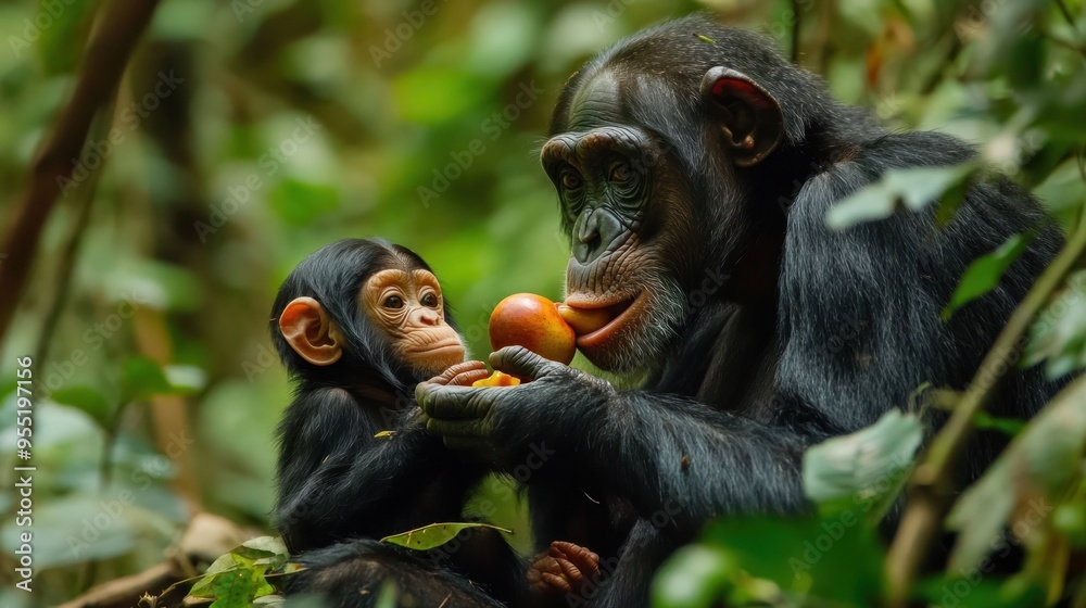 Sticker Chimpanzee Mother Sharing Fruit with Her Baby in the Jungle