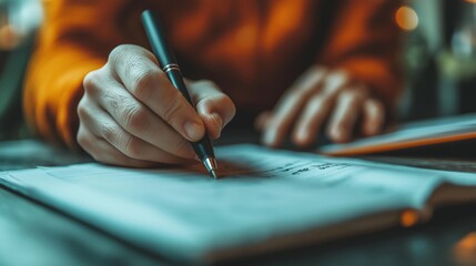 Woman's hand writing on paper with a pen in a warm, cozy setting, highlighting focus and concentration during note-taking or journaling