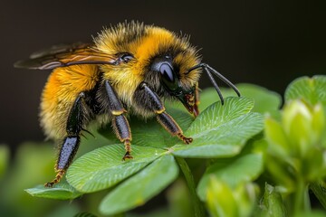 Close-up of a Bumblebee on a Green Leaf