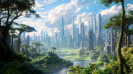 Product photo featuring a jungle clearing with a futuristic city skyline in the background. Futuristic City. Illustration