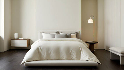 A plush king-size bed with luxurious bedding takes center stage in this elegantly designed hotel bedroom