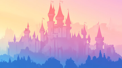 Rainbow pastel fantasy fairy tale castle background. Castle. Illustration