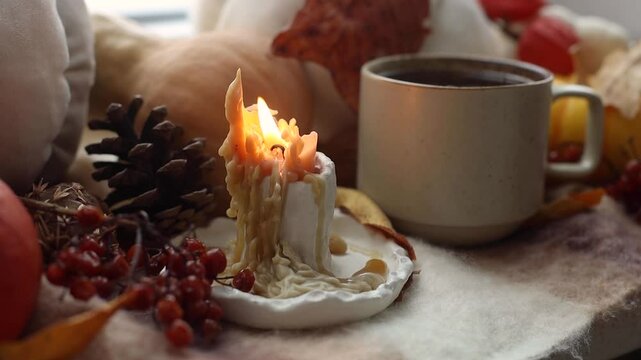 Hello autumn. Burning candle, warm cup of tea and pumpkins, fall leaves on windowsill. Autumn hygge footage. Happy Thanksgiving