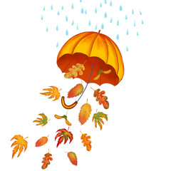 Umbrella in the rain and falling leaves watercolor illustration. Hand drawn fall postcard. Composition for harvest festivals and meeting of autumn.
