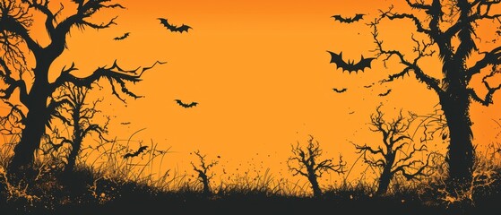 Halloween Silhouette of Gnarled Trees and Flying Bats on Orange Background

