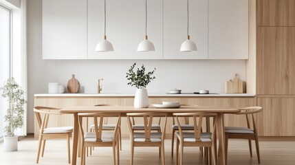 A stylish dining area in a minimalist house, with a wooden table, Scandinavian chairs, and pendant lights, creating a chic yet understated ambiance