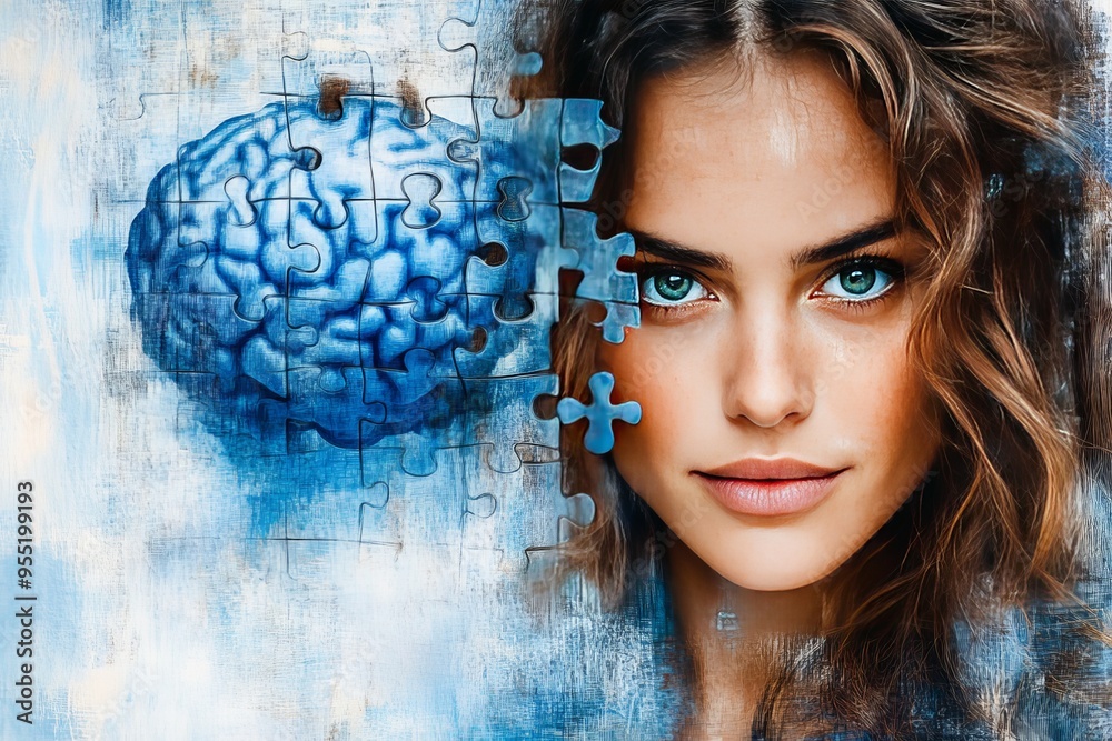 Sticker Emotional synchronization smart Woman with one eye replaced by a blue puzzle brain symbolizing the journey of self discovery identity formation and cognitive development