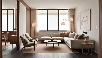 Fototapeta premium Modern living room interior with comfortable furniture, large windows, and stylish decor