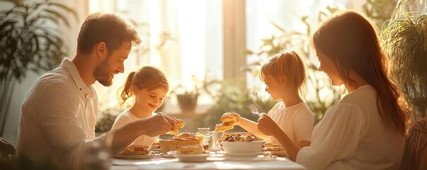 Family having breakfast together with morning light, Monday morning, family bonding
