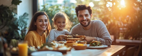 Family having breakfast together with morning light, Monday morning, family bonding