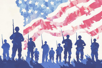 Fototapeta premium Silhouettes of soldiers standing in front of a watercolor American flag.