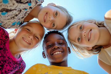 Bunch of cheerful joyful cute little children playing together and having fun. Group portrait of happy kids huddling, looking down at camera and smiling. Low angle, view from below. Friendship concept