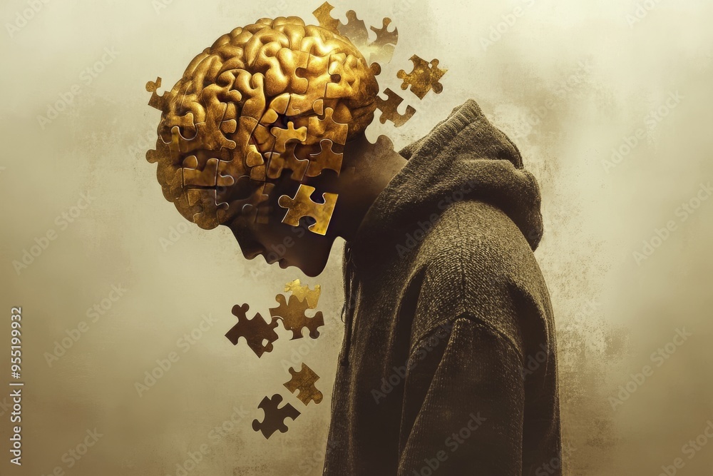 Poster Social synchrony smart Man with puzzle pieces falling off his brain representing memory loss cognitive decline and the disintegration of thought in aging or mental disorders