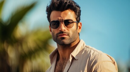 Fototapeta premium A stylish, handsome man wearing casual clothing and sunglasses, with a sharp focus on his facial features and a clean, minimalist background.
