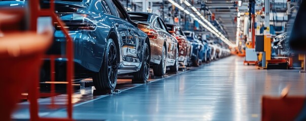Modern car production line with luxury vehicles in an assembly plant. Automotive industry manufacturing concept.