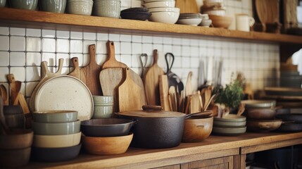 A stylish kitchen display featuring a collection of ceramic pots, cast iron skillets, and wooden utensils, adding warmth and character to the space.