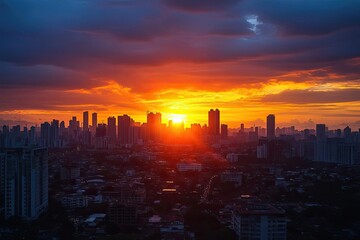 Fototapeta premium Sunrise over a bustling cityscape, Monday morning, fresh start to the week