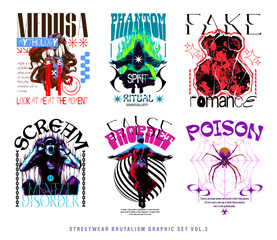 Brutalism graphic t-shirt collection, streetwear t shirt design bundle, streetwear graphic vector set, urban street style vector set, streetwear clothing design for print