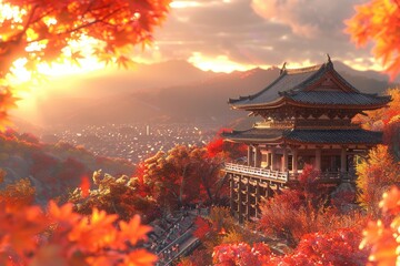 Fototapeta premium autumn foliage Temple Japn vibrant red and orange leaves
