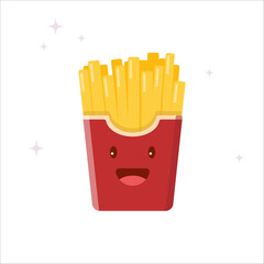 French fries in red packaging. Fast food with a cute face. Smiling tasty potato, friendly character. Flat vector illustration on white background