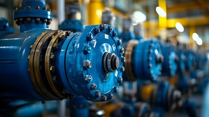 Obraz premium Row of Industrial Valves in Operation: A row of large industrial valves lined up in a gas plant, with pipes extending in various directions.