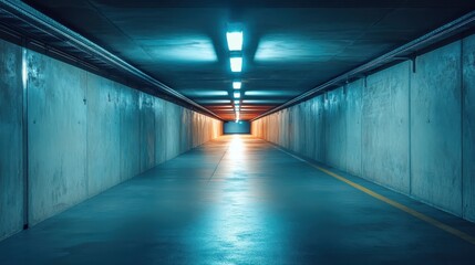 Modern underground parking tunnel with blue lighting and concrete walls, offering a futuristic...