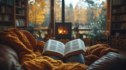 An intimate autumn evening with an open book on a cozy chair, its pages reflecting the flickering light of a fireplace, the room filled with warm golden tones, soft shadows, rich details,