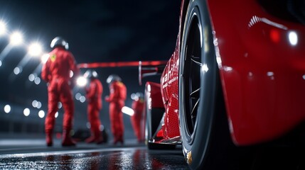 Nighttime pit stop with a sleek red race car, illuminated by overhead lights, crew in full motion and vibrant red suits