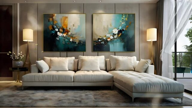 A simple minimalist modern luxury living room with a painting above the sofa. Seamless 4K looping timelapse video animation background