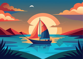 Naklejka premium Man sailing away on calm ocean water at sunset near tropical island-