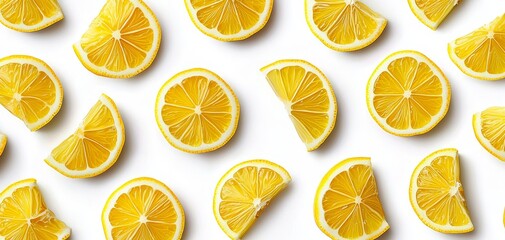 Playful lemon slices arranged in a uniform pattern, bold yellow on white, perfect for summer-themed designs