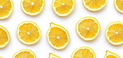 Fototapeta premium Playful lemon slices arranged in a uniform pattern, bold yellow on white, perfect for summer-themed designs