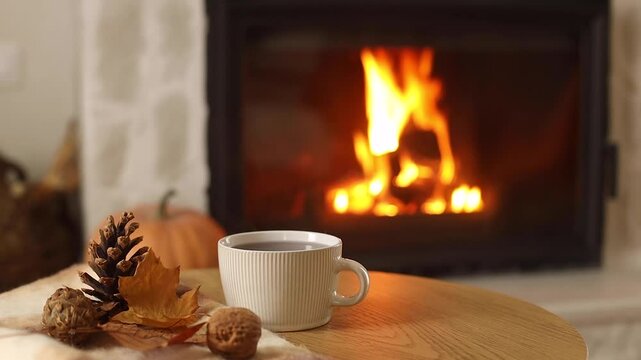Autumn hygge. Cup of warm tea, pumpkins, autumn leaves on wooden table against burning fireplace in living room. Cozy fall footage. Thanksgiving and Halloween.