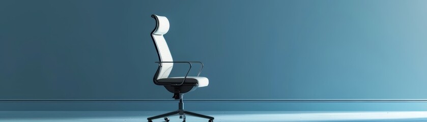 Fototapeta premium Modern ergonomic office chair with sleek design against a blue background, symbolizing comfort and productivity in the workplace.