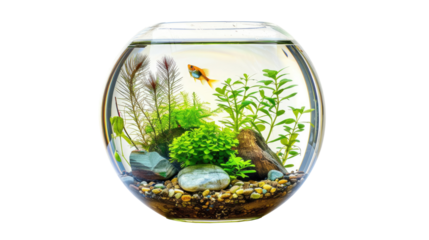 Beautiful bright small goldfish in round glass aquarium isolated on transparent