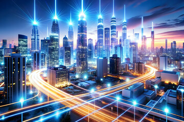 Fototapeta premium Glowing Abstract Data Streams in Digital Cityscape - Urban Management & Efficiency Concept with Aerial View of Futuristic Architecture