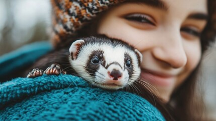 Cheerful Woman Embracing Curious Ferret in Winter Outdoors