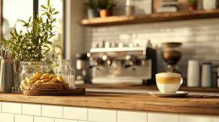 Obraz premium Coffee Break at the Cafe Wooden Countertop Latte and Snacks