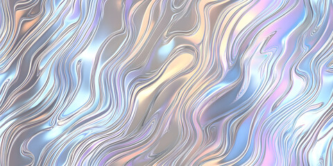 Fototapeta premium Seamless iridescent silver abstract wavy marble or tiger stripe background texture. Trendy holographic metallic mirror foil pastel prism light effect. Retro 80s vaporwave mirror foil 3D rendering. .